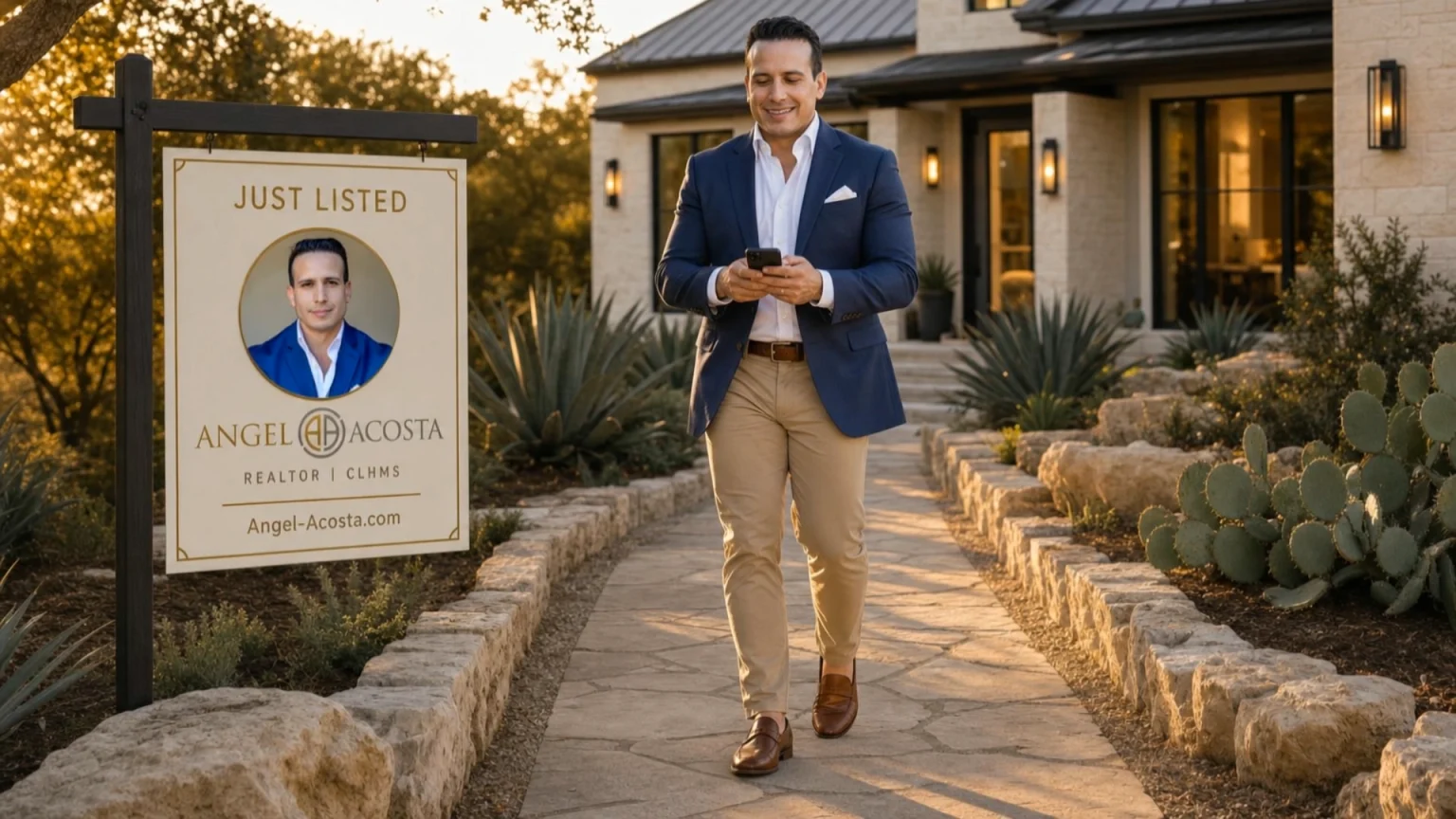 Angel Acosta saliendo de una propiedad recién listada en Austin mientras envía cambios por email