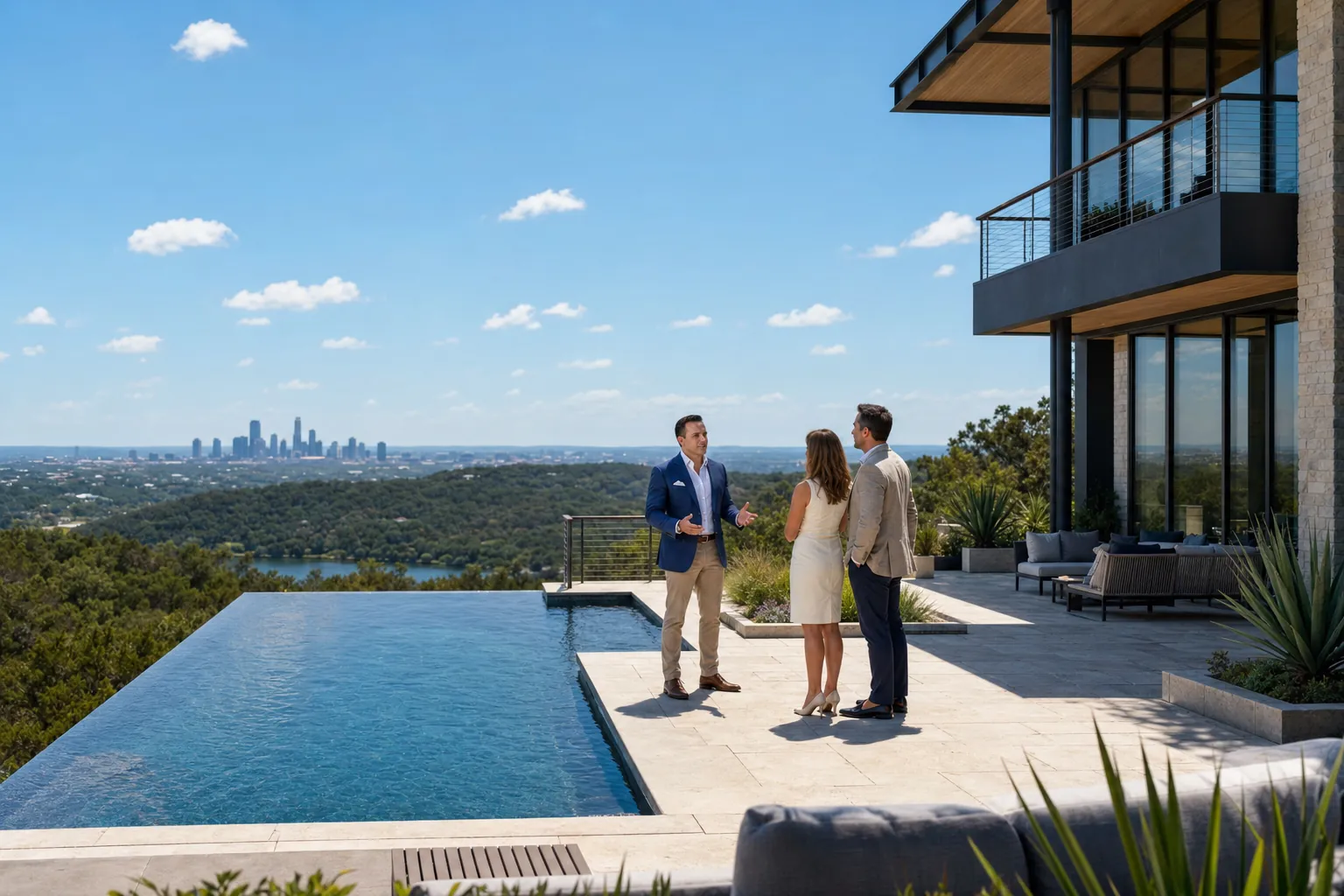 Angel Acosta mostrando a una pareja una casa con alberca y vista al skyline de Austin