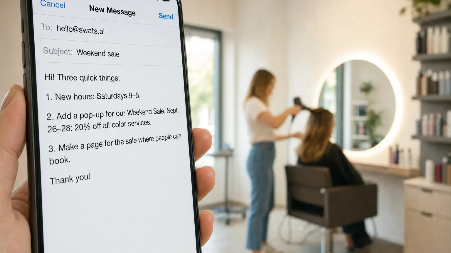 A business owner sending a website change request to SWATS by email from a phone